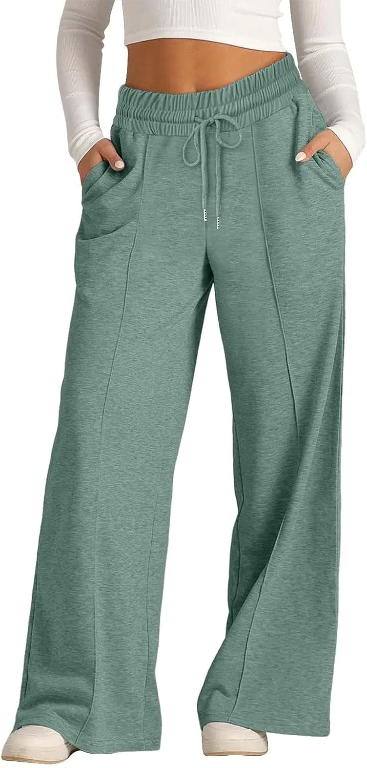 Женские спортивные брюки, широкие, на высокой талии, с завязкой, green, 4
