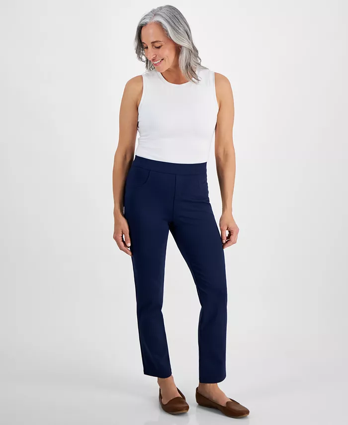 

Узкие брюки прямого кроя с завышенной талией на резинке Petite Mid Rise Pull On Straight Leg Ponte Pants Style & Co, синий