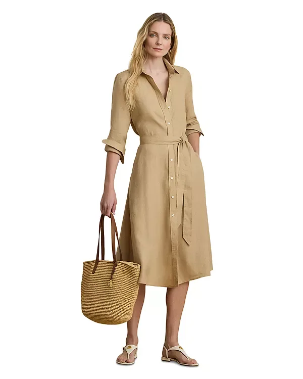 Льняное платье-рубашка с поясом Ralph Lauren, Tan