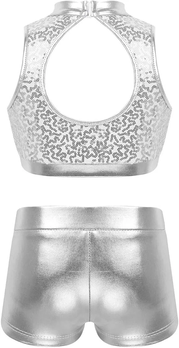 Детский спортивный комплект из топа и шорт YiZYiF, Zo Sequin Silver — фото 2