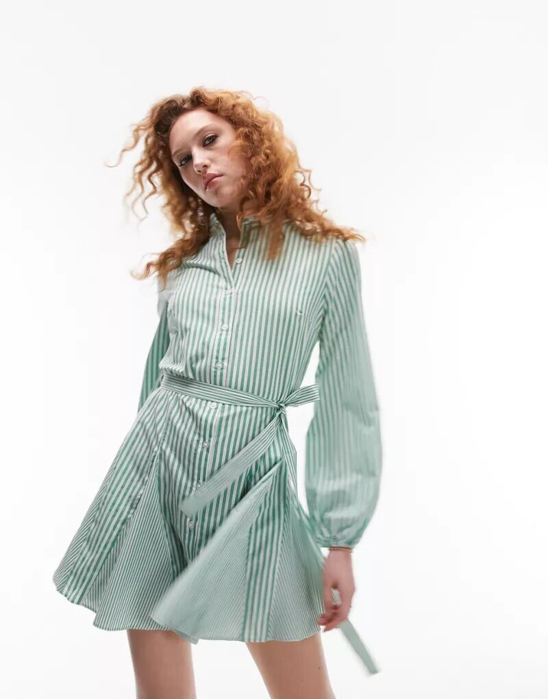 

Платье мини в зеленую и белую полоску с узлом спереди Topshop