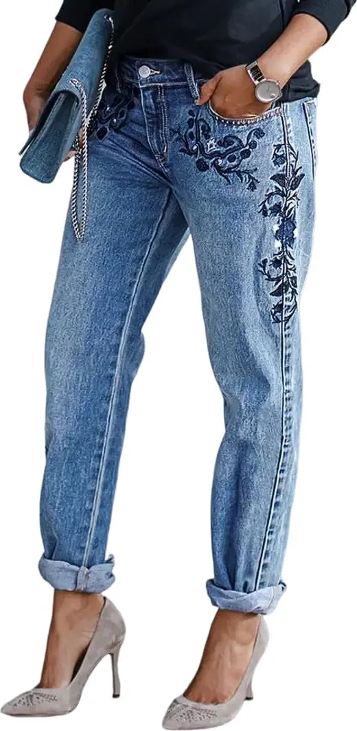 

Женские джинсы Huang с вышивкой и цветочным принтом, модель Boyfriend Huang's