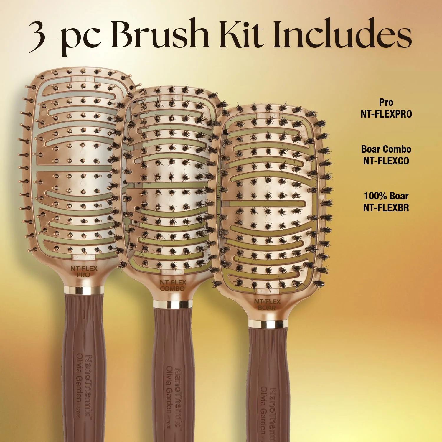 Расческа для волос Olivia Garden NanoThermic Ceramic + Ion Flex с плотным прилеганием к коже головы и вентиляцией Набор из 3 штук — фото 2