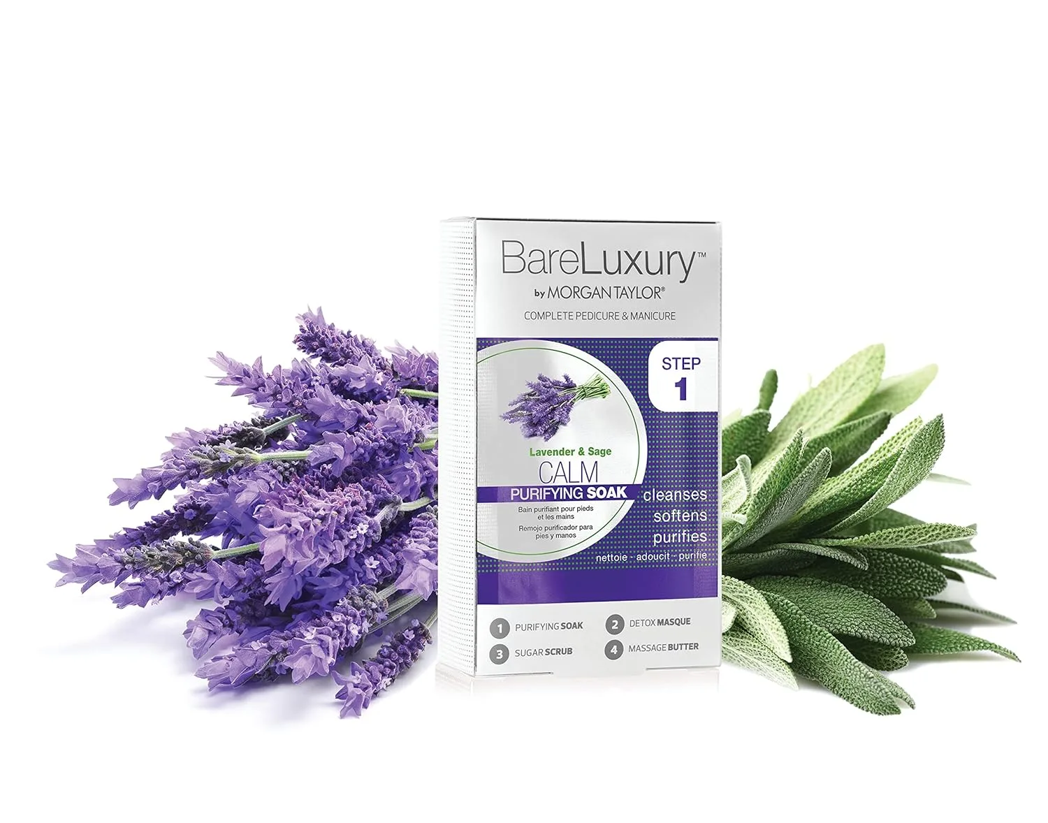 Morgan Taylor BareLuxury 4-Step Complete Pedicure & Manicure Packs - полный набор для ухода за ногтями с ванночкой, маской, скрабом и массажным маслом, профессиональные спа-процедуры (Calm Lavender & Sage) 1 штука (1 шт.), Lavender & Sage