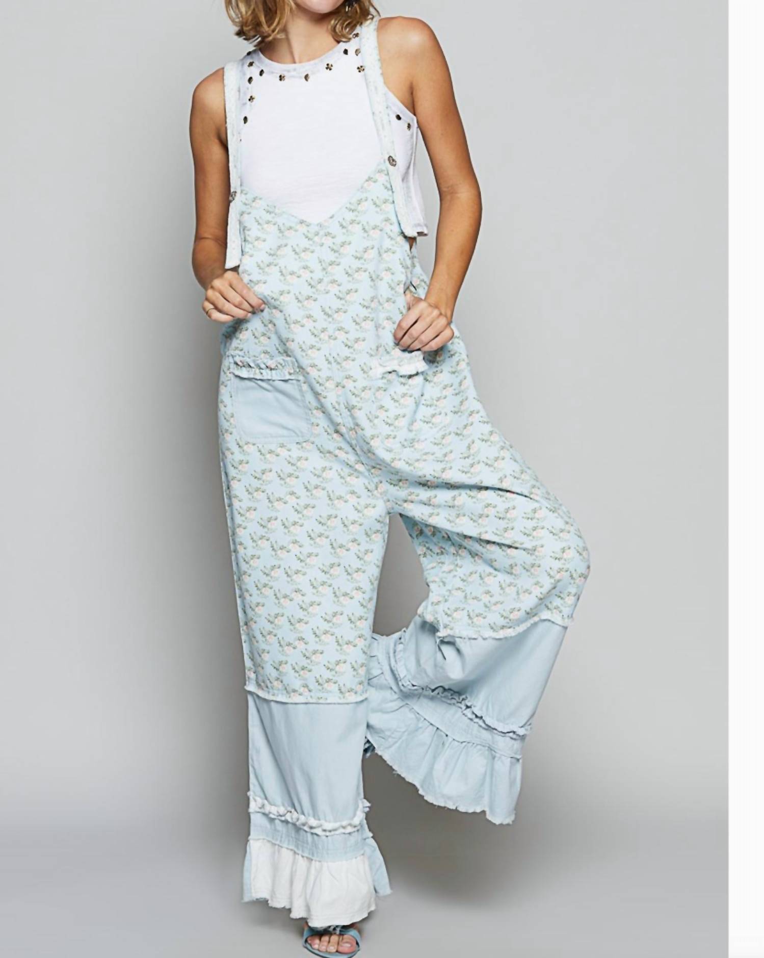 

Брюки Misty Ruffle Overalls In Baby Blue Floral Pol, Baby Blue Floral