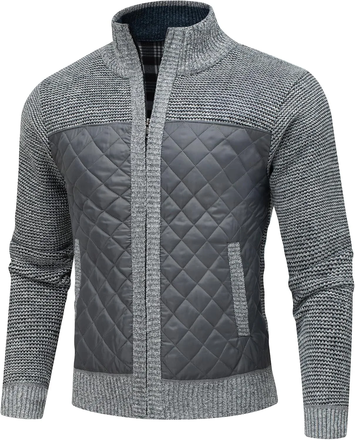 

Мужской кардиган с полной застежкой-молнией, воротником-стойкой, кабельной вязкой и карманами AKuVoL