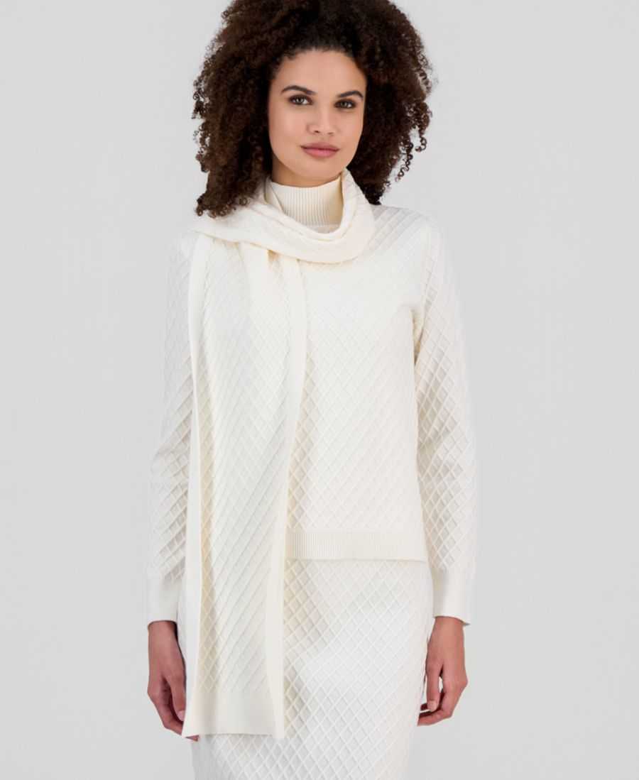 

Женский вязаный свитер с длинными рукавами и шарфом крупной вязки Anne Klein, White Dove