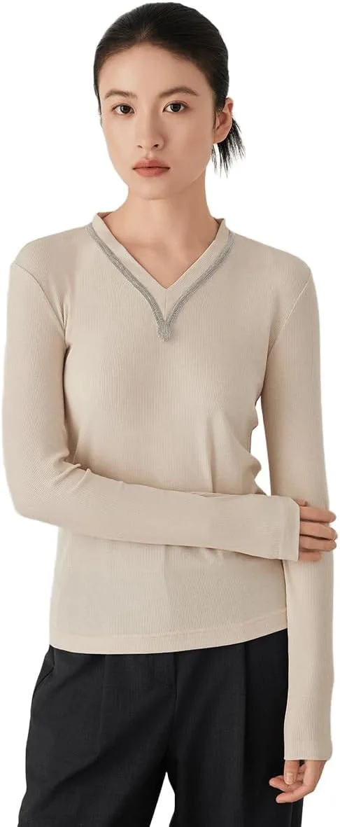 

Женский топ с V-образным вырезом и длинными рукавами, рифленая ткань, контрастная отделка Serathinan