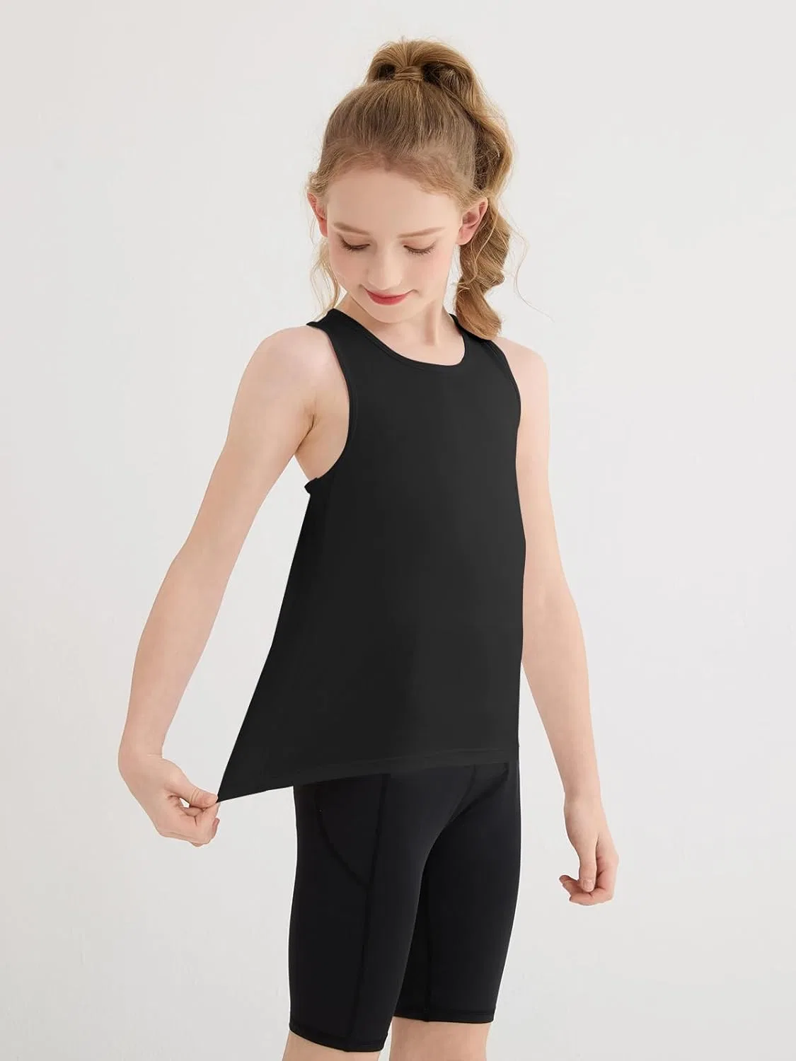 Haloumoning Girls Dance Tank Tops Kids Racerback Athletic Quick Dry Sleeveless Shirts Workout Yoga Top 5-14Y, черный — фото 2