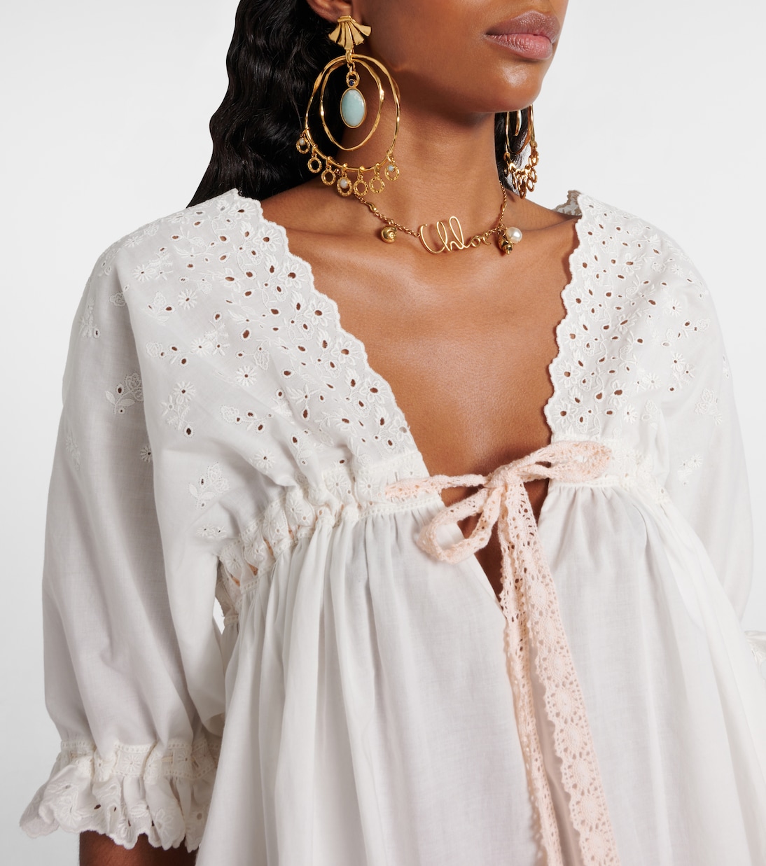 Мини-платье Broderie anglaise из смесового хлопка Chloé, Iconic Milk — фото 4