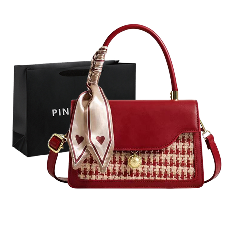 

PINK·LAND Вельюровая сумка через плечо с цепочкой, Houndstooth Ribbon Style+Shopping Bag