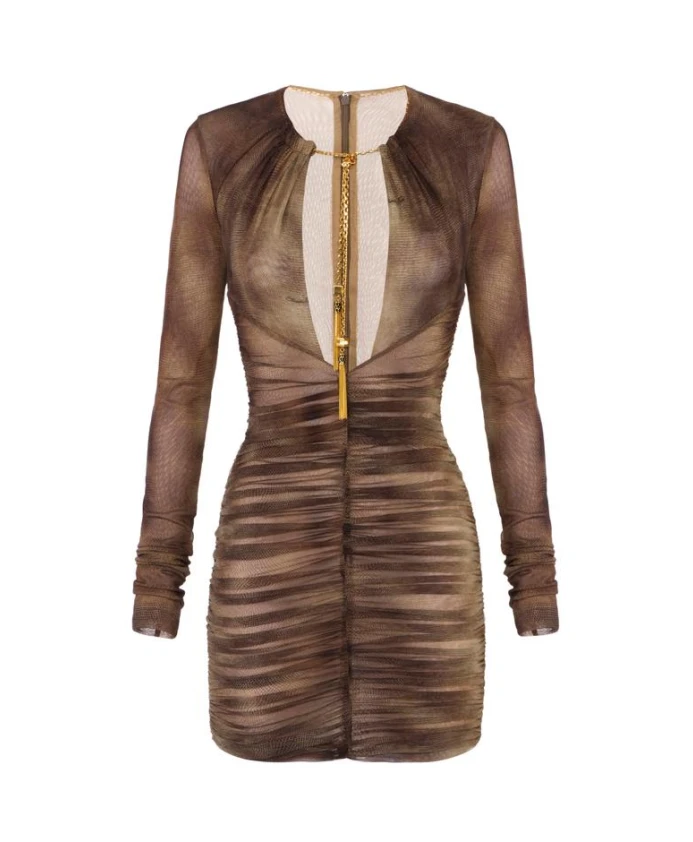 

Платье из тюля с принтом под змеиную кожу и ожерелье. Elisabetta Franchi, коричневый