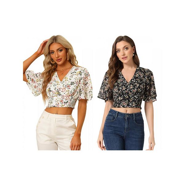 

2 упаковки женских укороченных топов с цветочным принтом, коротким рукавом и v-образным вырезом Inspire Chic, White Black