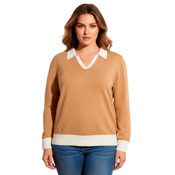 

Женский поло-свитер plus size в стиле color block Avenue, Camel Ivory Colorblock
