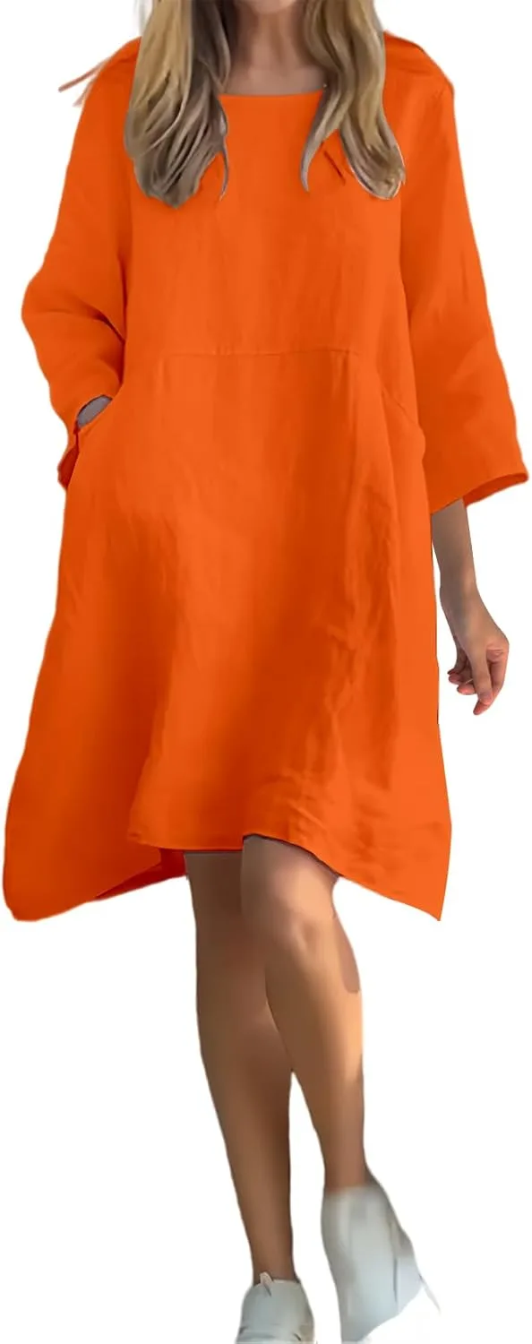 Женские хлопково-льняные платья макси, повседневные платья с круглым вырезом и рукавами 3/4, летние платья 2025 года, свободные однотонные платья миди с карманом Generic, оранжевый
