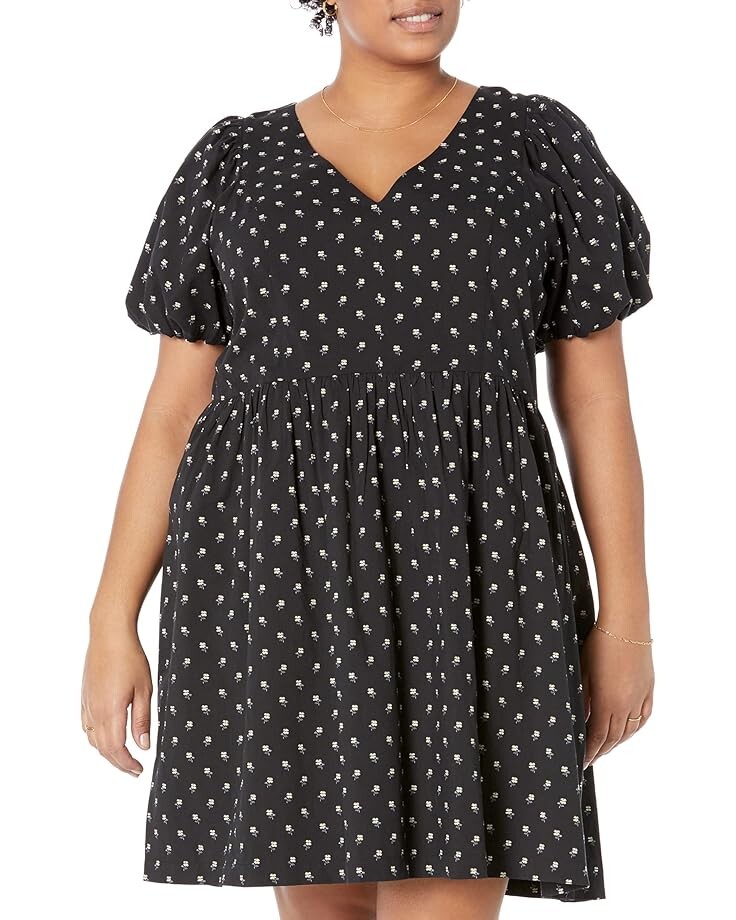 

Платье Madewell Plus V-Neck Puff-Sleeve Mini Dress in Floral Ikat, черный