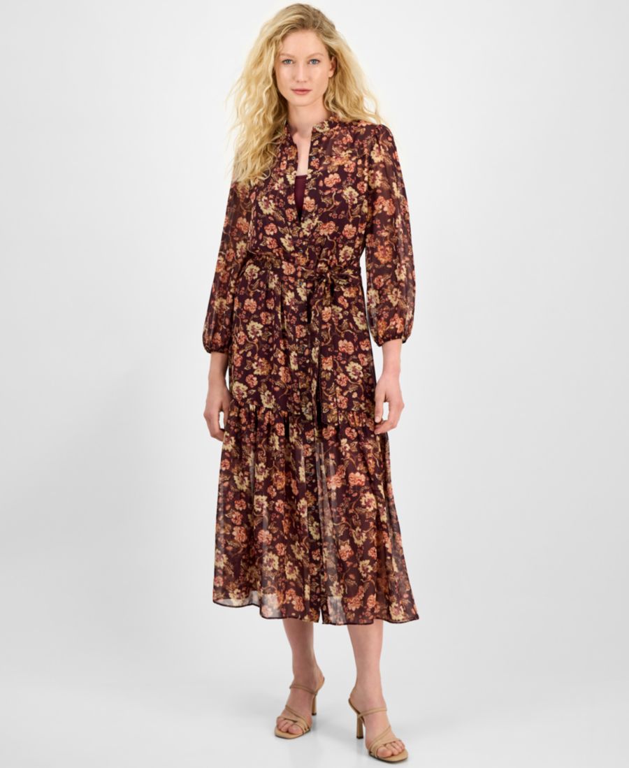 

Женское платье из шифона с цветочным принтом, поясом на талии и рукавами 3/4 julia jordan, Burgundy Multi