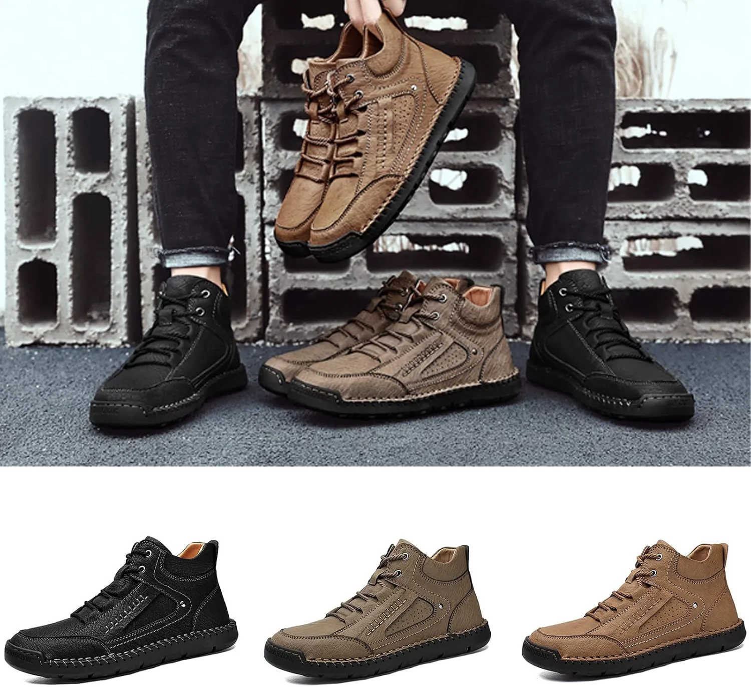 

Мужские кожаные ботинки PURCHAWEE с высоким берцем для походов, ботинки чукка, ручная прошивка, противоскользящие, с хорошей поддержкой свода стопы, повседневная обувь для работы и походов, коричневый