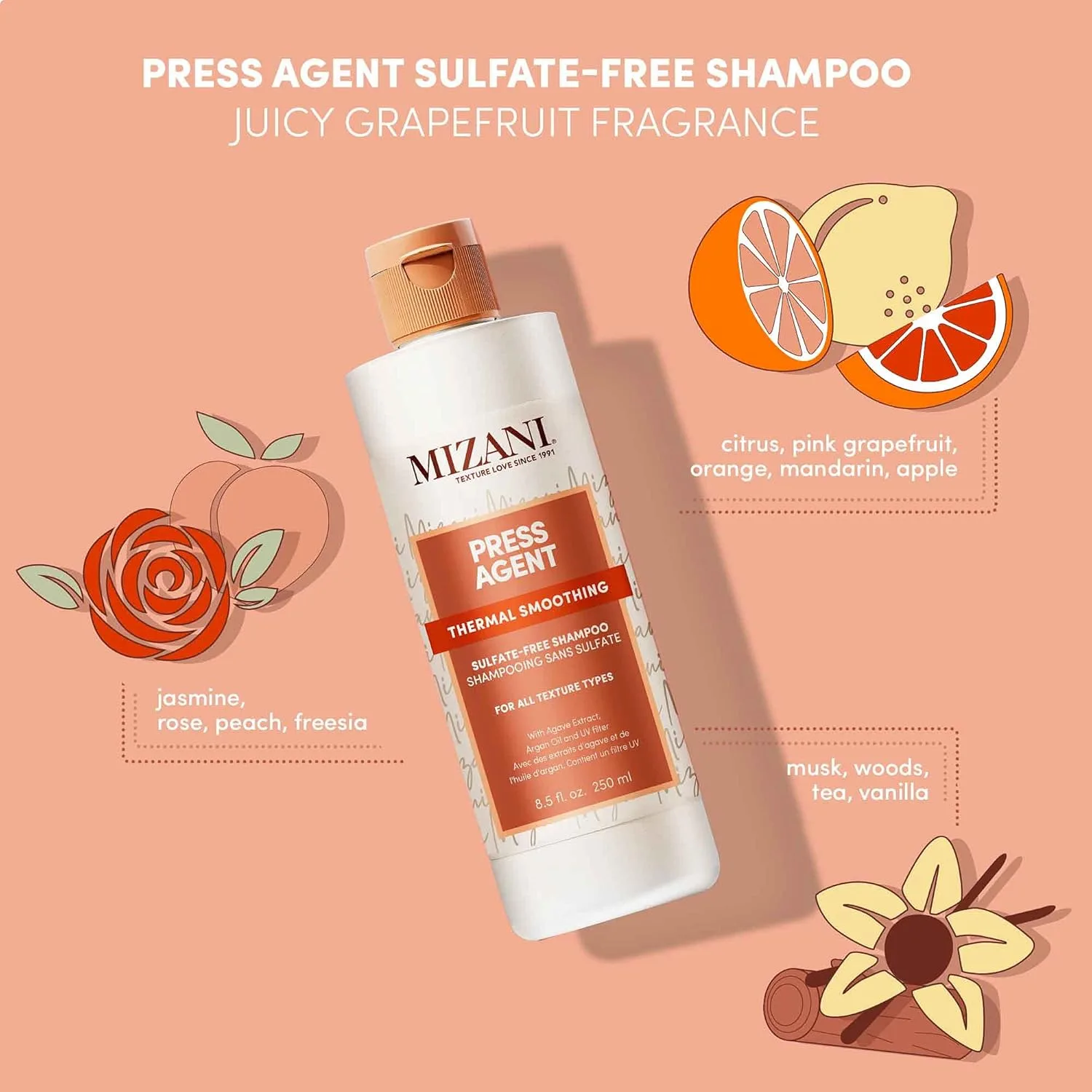 Шампунь MIZANI Press Agent без сульфатов - терморазглаживающий - увлажняет волосы при термоукладке, сушке феном и выпрямлении утюжком. Подходит для сухих и вьющихся волос. С аргановым маслом. 251 мл (.), Pink — фото 4