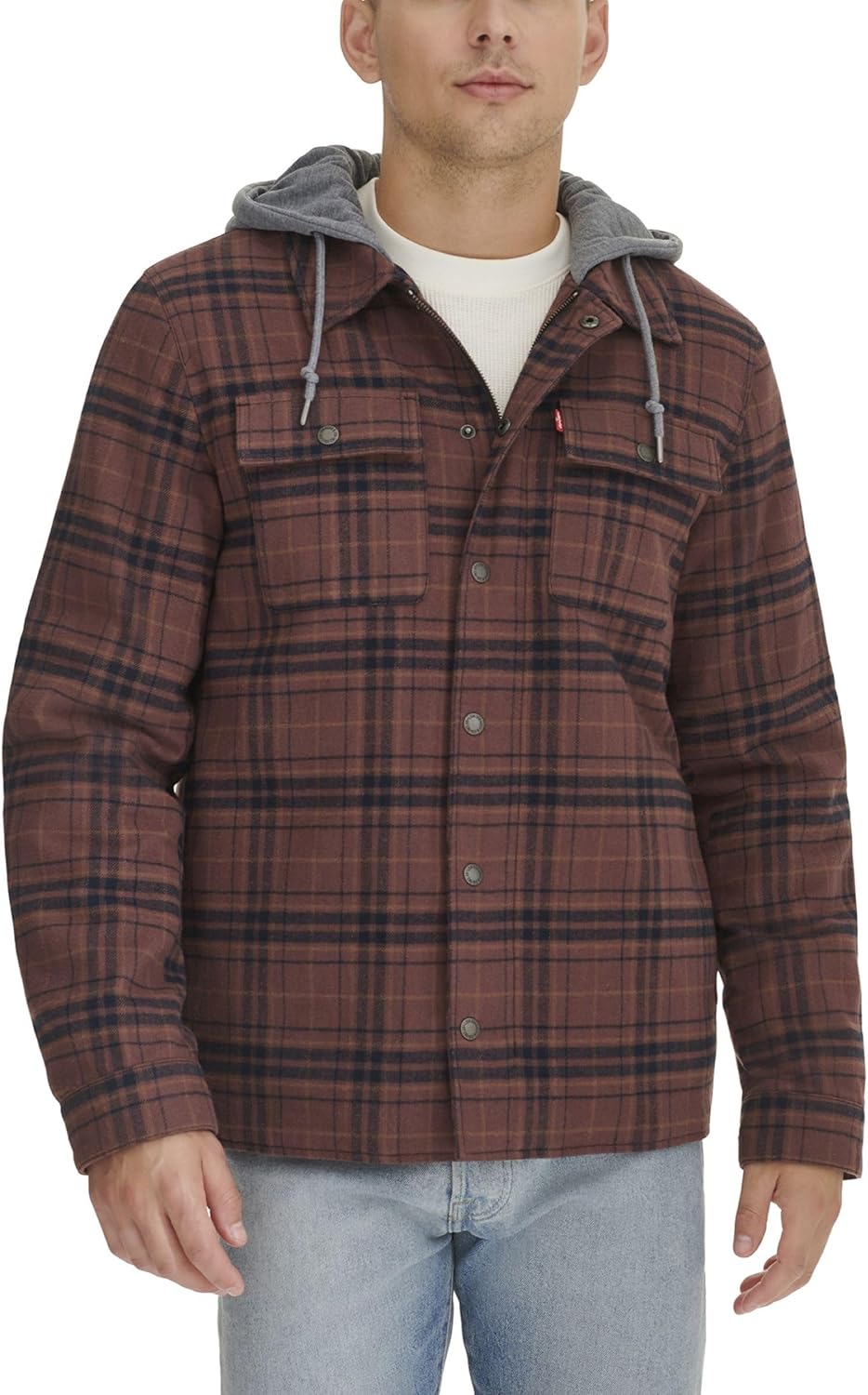 

Мужская клетчатая куртка-рубашка Levi's с капюшоном и подкладкой из шерпы (стандартные размеры, большие и высокие), Bitter Chocolate Plaid