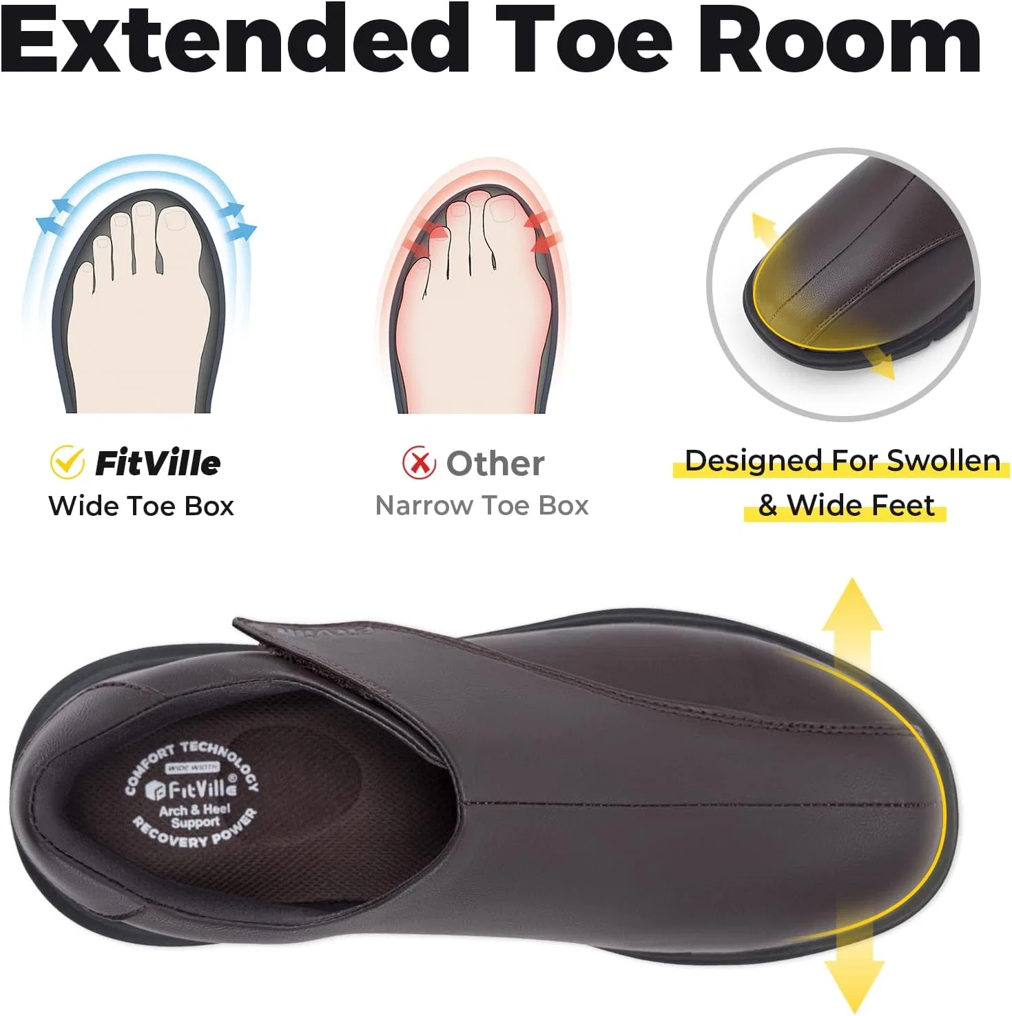 Мужские кожаные туфли FitVille EasyTop Deluxe V1 с застежкой, очень широкие, удобные, для пожилых людей, для ухода за стопами, оздоровительные тапочки, деловая повседневная обувь для широкой стопы, Coffee Brown — фото 4