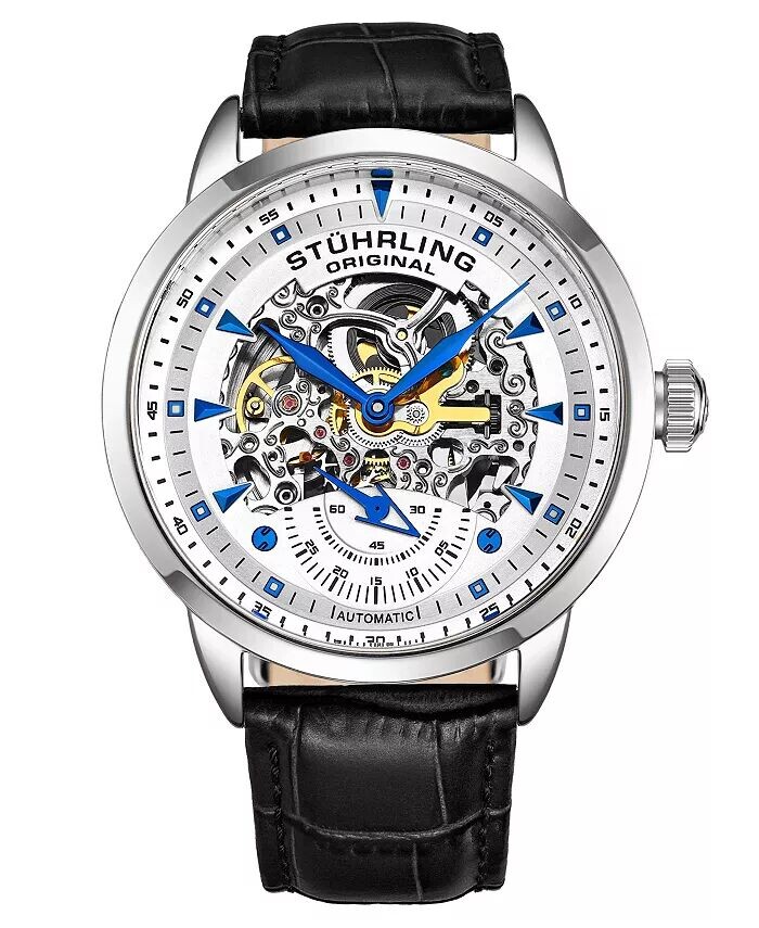 

Мужские часы Legacy, черная кожа, белый циферблат, круглые часы 44 мм Stuhrling