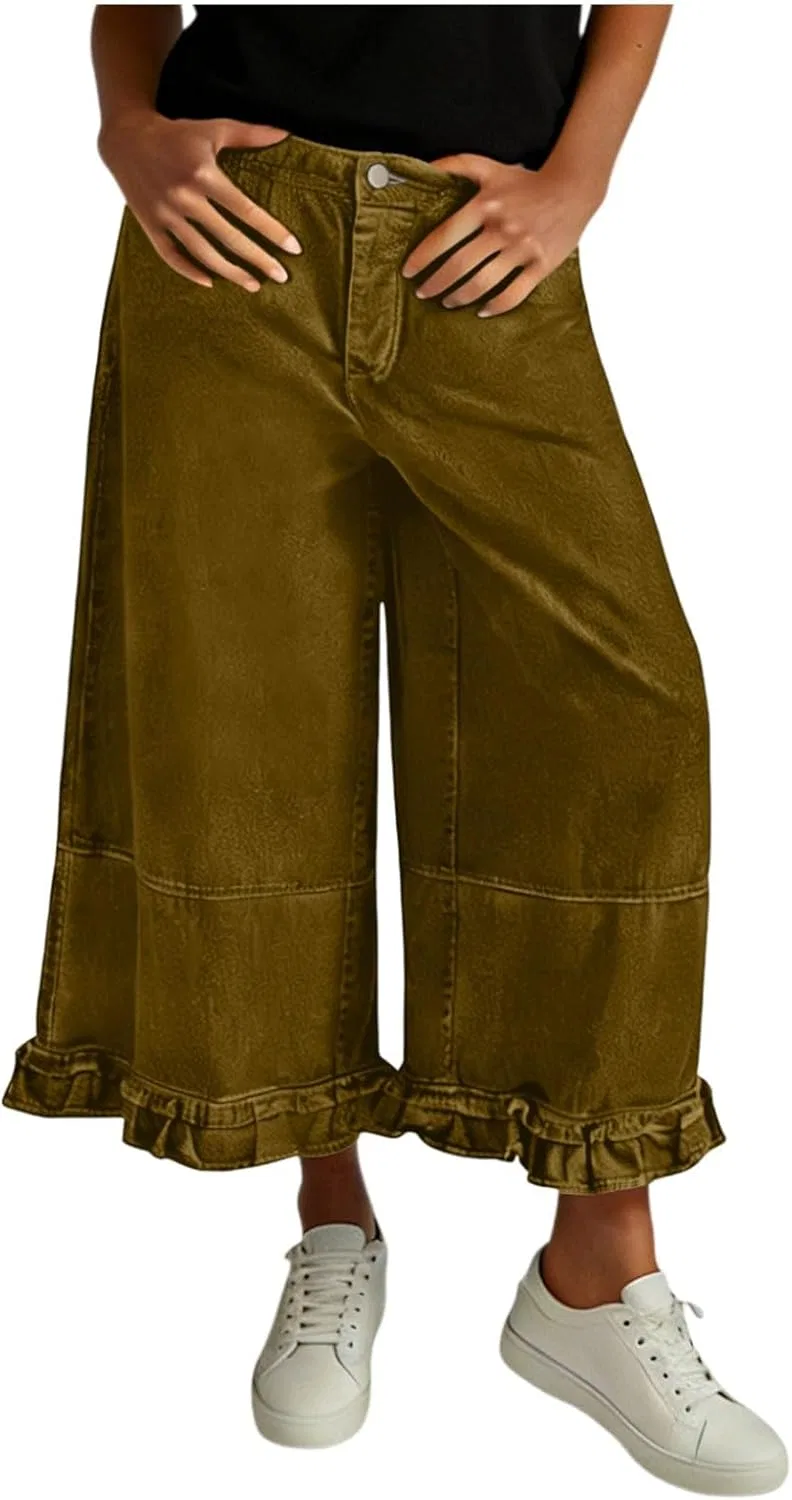 Джинсы свободные, женские, Wide Leg, Army Green