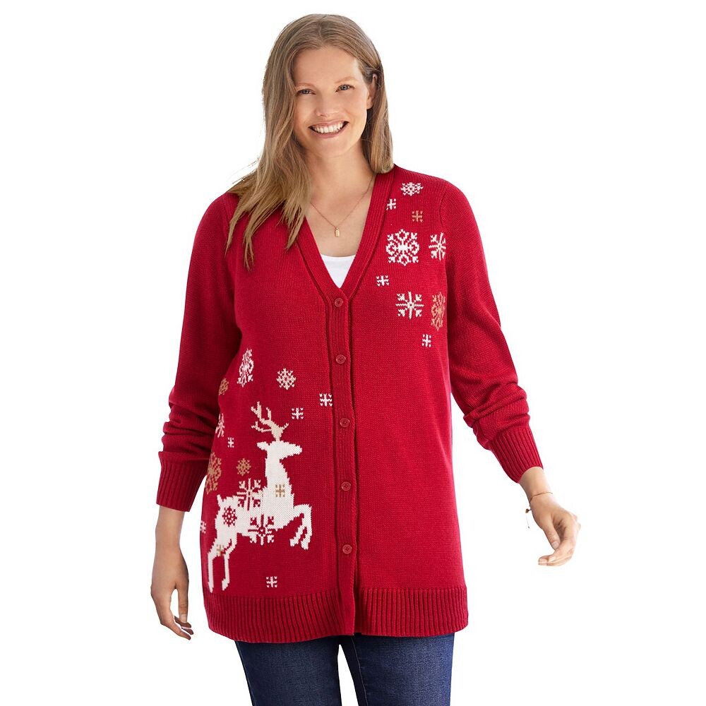 

Женщина в женском праздничном кардигане больших размеров Woman Within, цвет Classic Red Reindeer