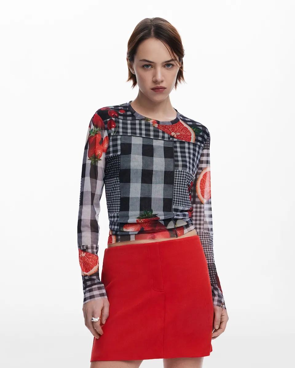 

Женская футболка из тюля в клетку с фруктами Desigual, черный