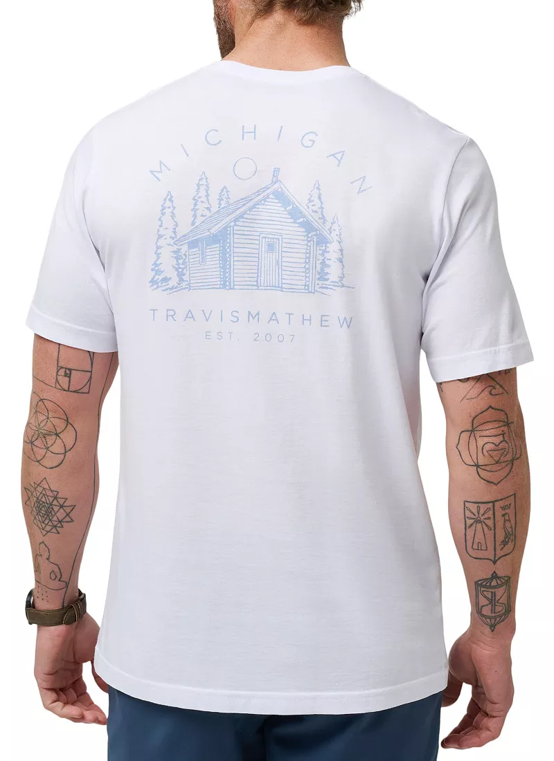 

Мужская футболка для гольфа TravisMathew Moonlit Vista MI State с графическим изображением, белый