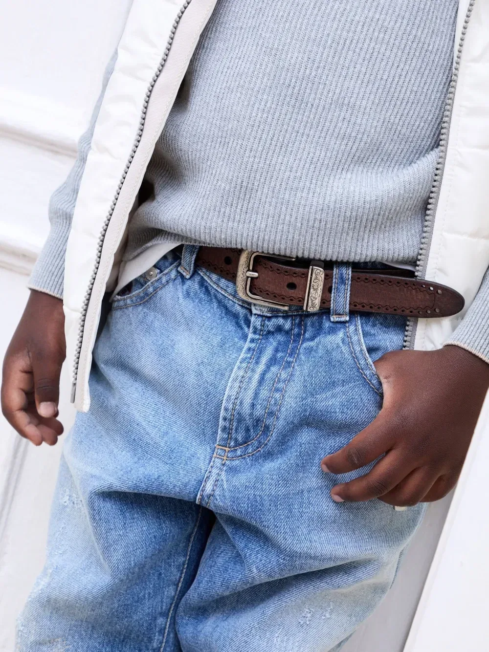 Ремень с перфорацией Brunello Cucinelli Kids, коричневый — фото 3