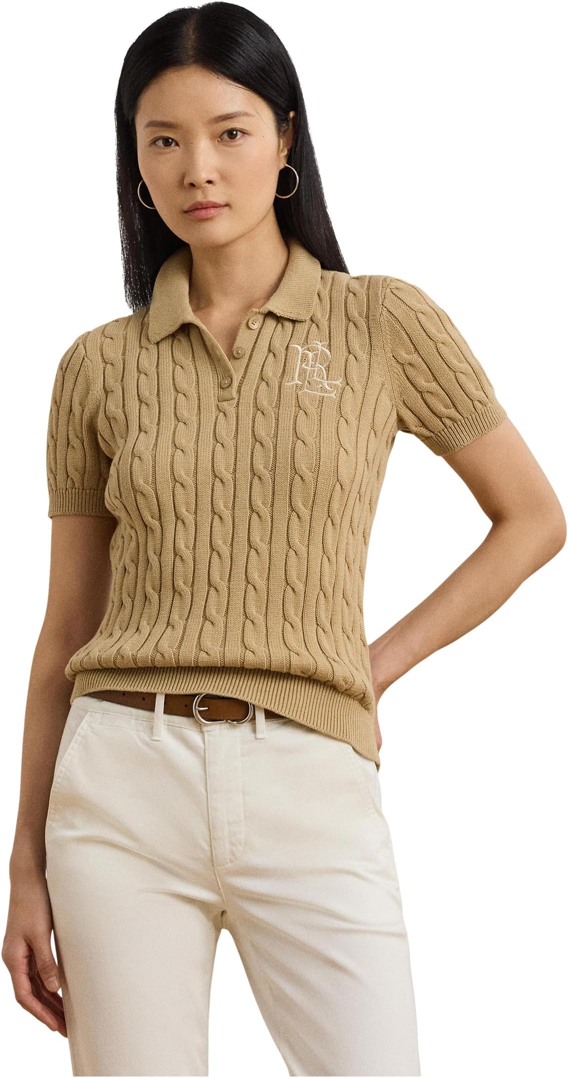 

Свитер Lauren Ralph Lauren Petite Cable-knit Cotton Polo Sweater, цвет Birch Tan
