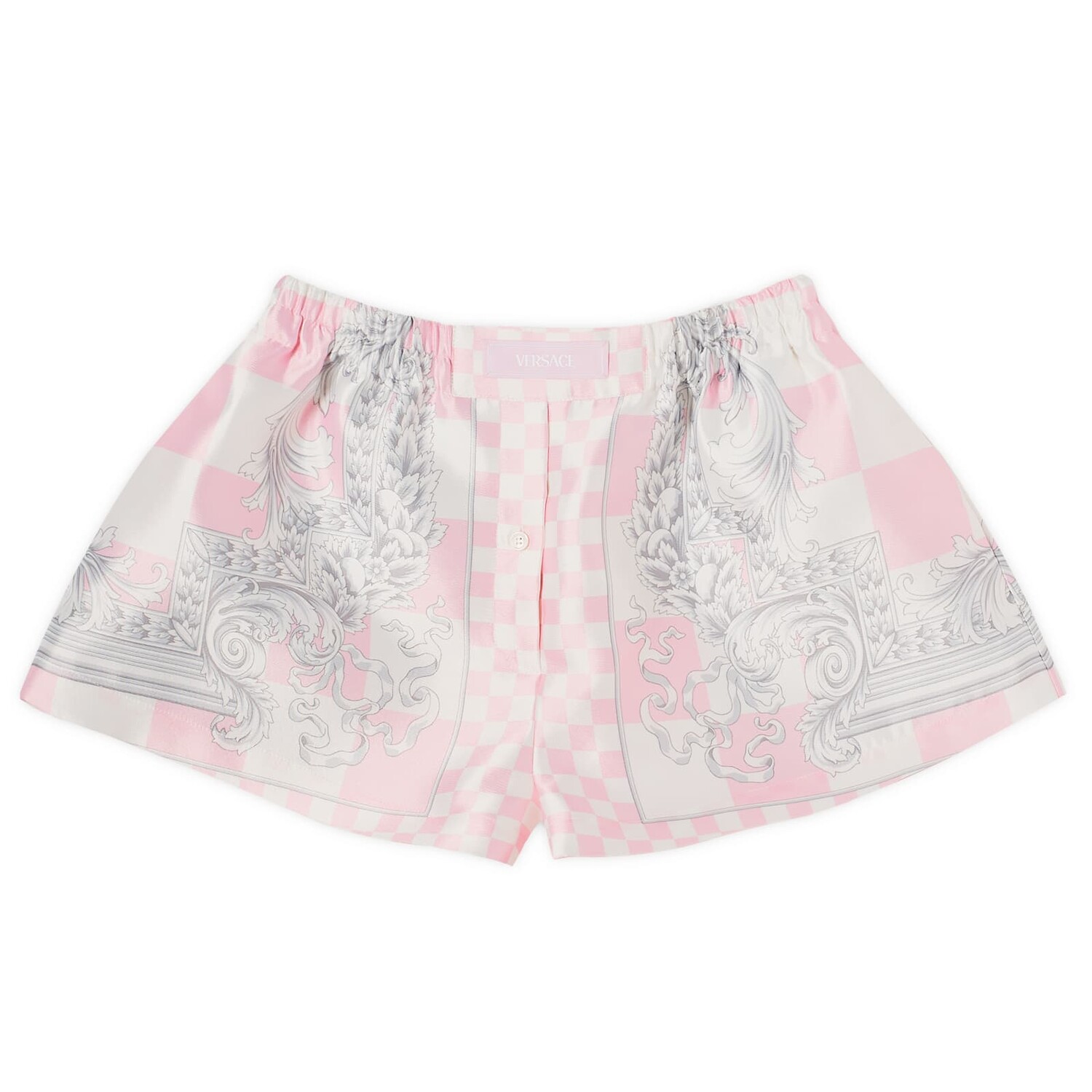 

Шорты Versace Baroque Printed High Waisted Shorts, цвет Pastel Pink, White & Silver