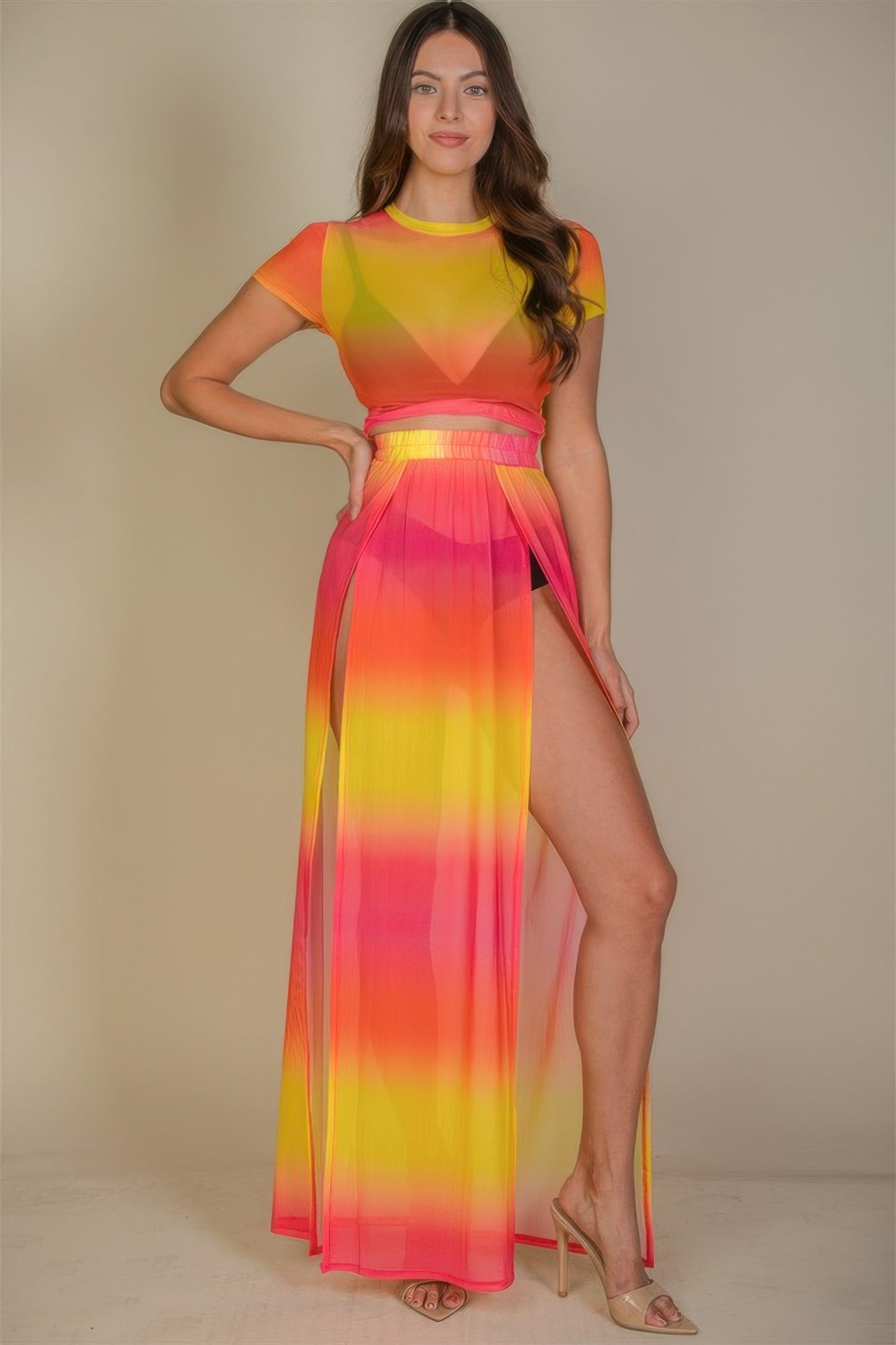 

Юбка макси с высоким разрезом и прозрачной сеткой Truedames, Yellow Multi