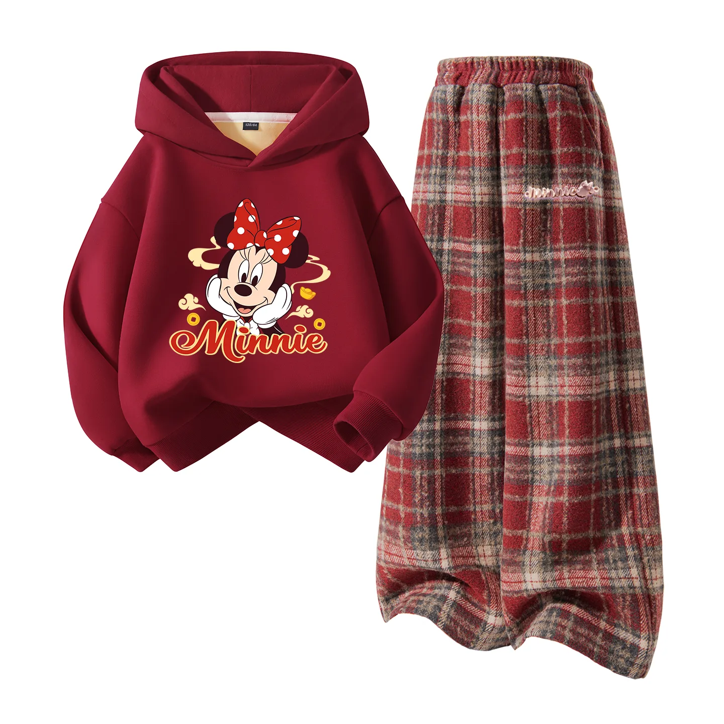 Детская повседневная худи с капюшоном Disney, [Thickened and Fleece-Lined]Di Welcome Spring Burgundy+Di Long Metal Label K Red Plaid