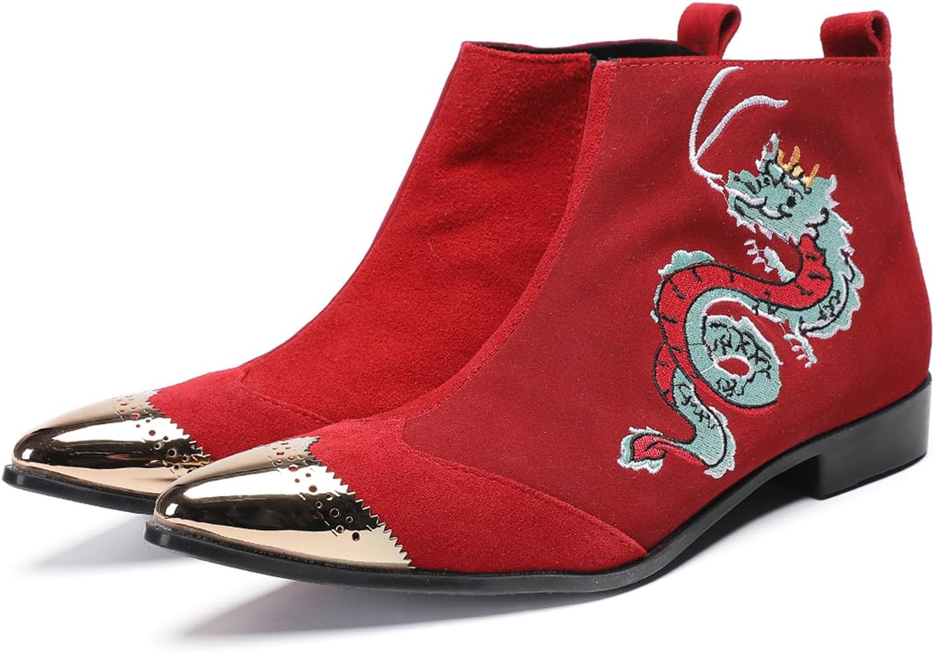 

Мужские замшевые красные ботинки Chelsea Santimon - носок с вышивкой дракона и золотым металлическим наконечником - стильные повседневные ковбойские ботинки для сцены, вечеринок, фестивалей и клубной одежды
