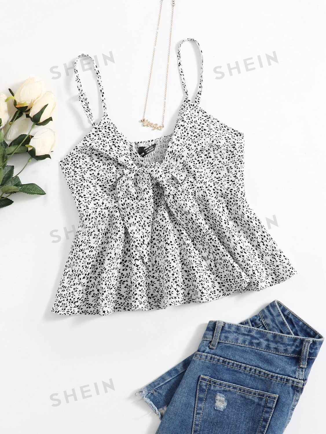 

Топ на бретельках Shein WYWH Vacation Ditsy Floral с баской и завязками, черный / белый