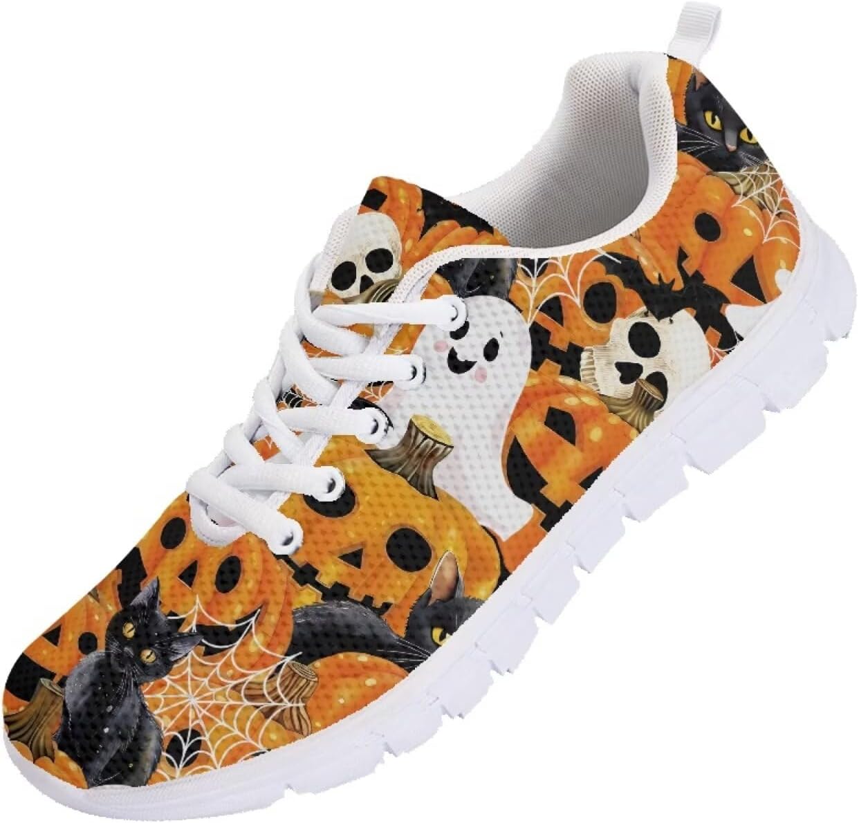 

Кроссовки Forchrinse на Хэллоуин для женщин и мужчин, дышащие, с шнуровкой, для прогулок, повседневные сетчатые, противоскользящие теннисные туфли, Halloween Cat Pumpkin