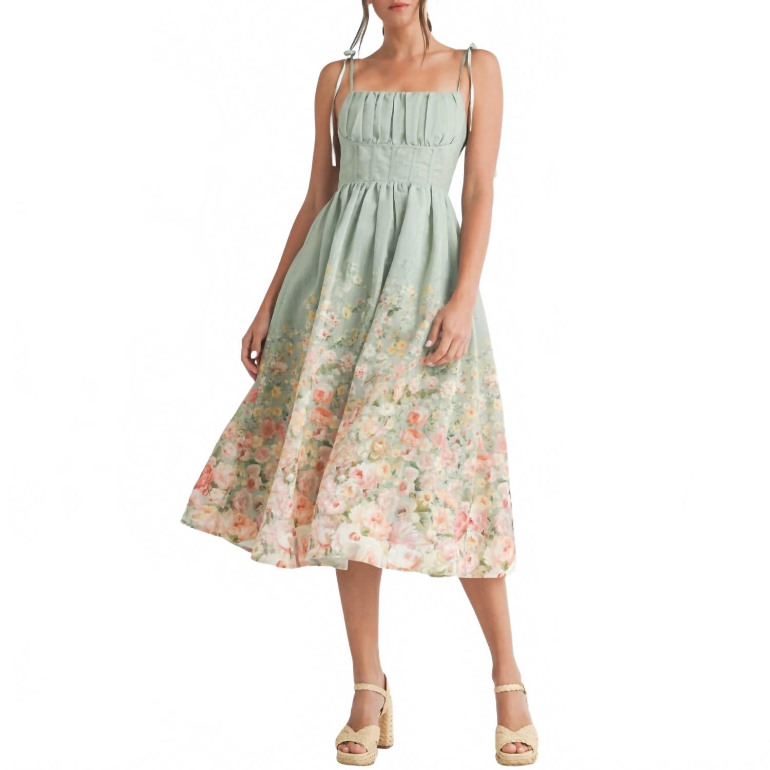 

Серебристо-зеленое платье миди с цветочным принтом ENDLESS BLU.