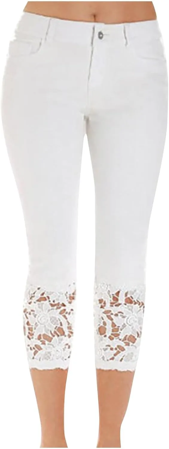 

Женские джинсы-капри с кружевной отделкой и карманами, High Waist, Skinny Uillui