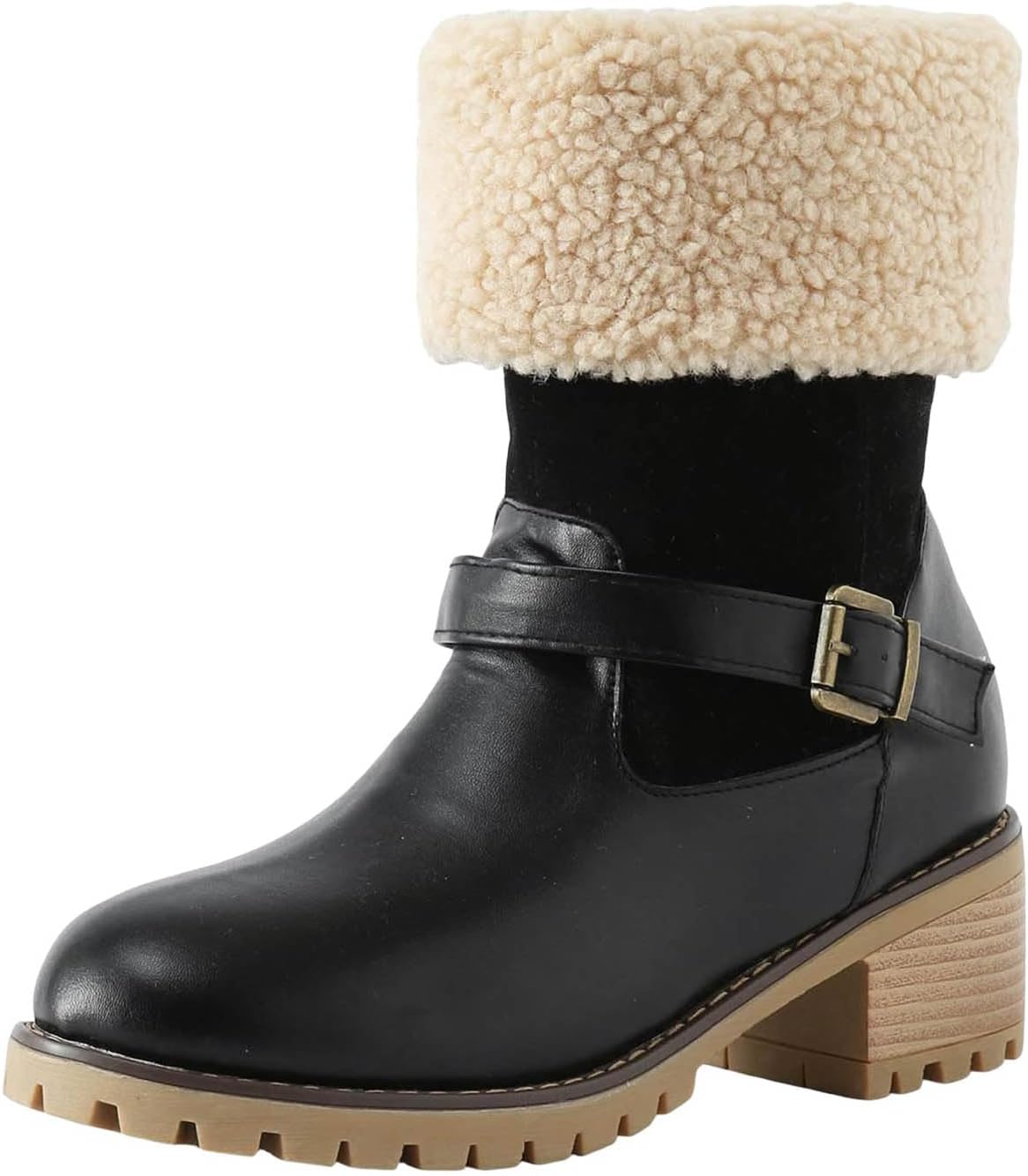 

Женские зимние ботинки с теплой меховой подкладкой, противоскользящей подошвой, массивным каблуком, среднюю голень, для снега, модные, с круглым носком, кожаные, водонепроницаемые короткие ботинки Baxtayel, черный
