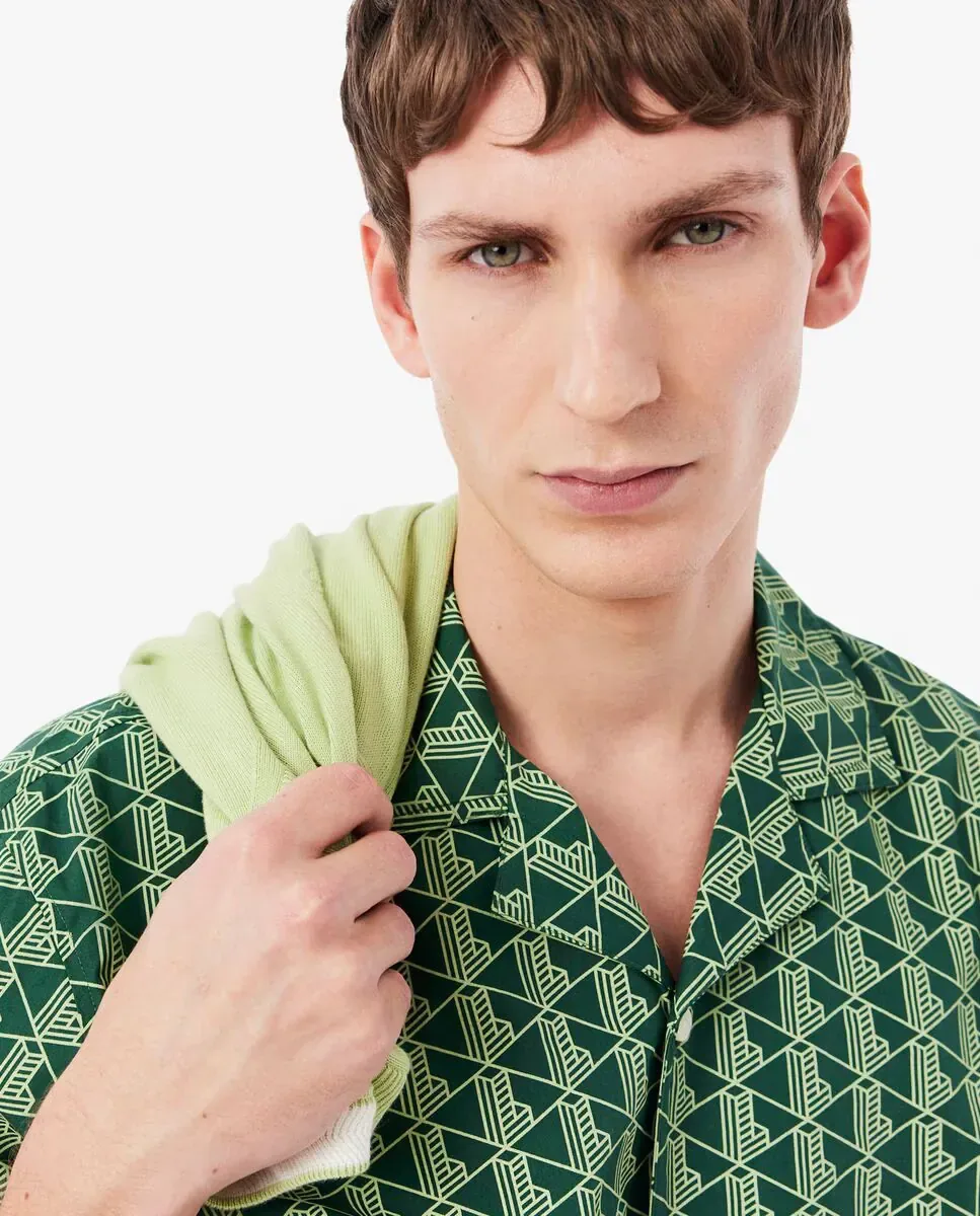 Lacoste Мужская пижамная рубашка из поплина с монограмменным принтом зеленого цвета с коротким рукавом — фото 3