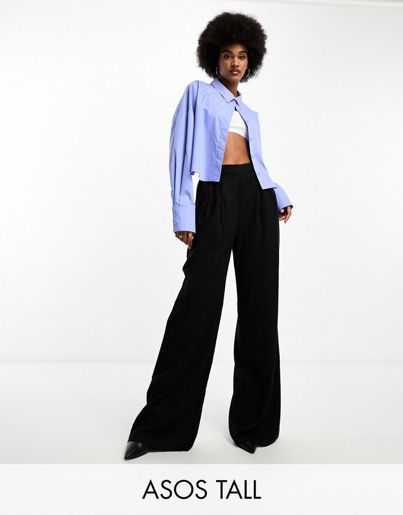 

Черные широкие брюки без застежки спереди ASOS DESIGN Tall