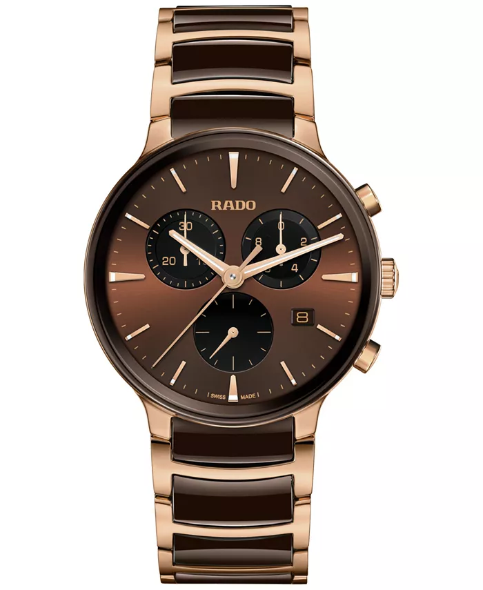 

Унисекс-часы Swiss Chronograph Centrix с коричневой керамикой и розовым золотом PVD на стальном браслете, 41 мм Rado