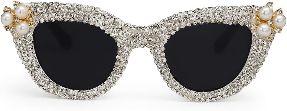 

bullabulling Модные солнцезащитные очки «кошачий глаз» со стразами для женщин, роскошные винтажные солнцезащитные очки «кошачий глаз» с бриллиантами, очки UV400, White