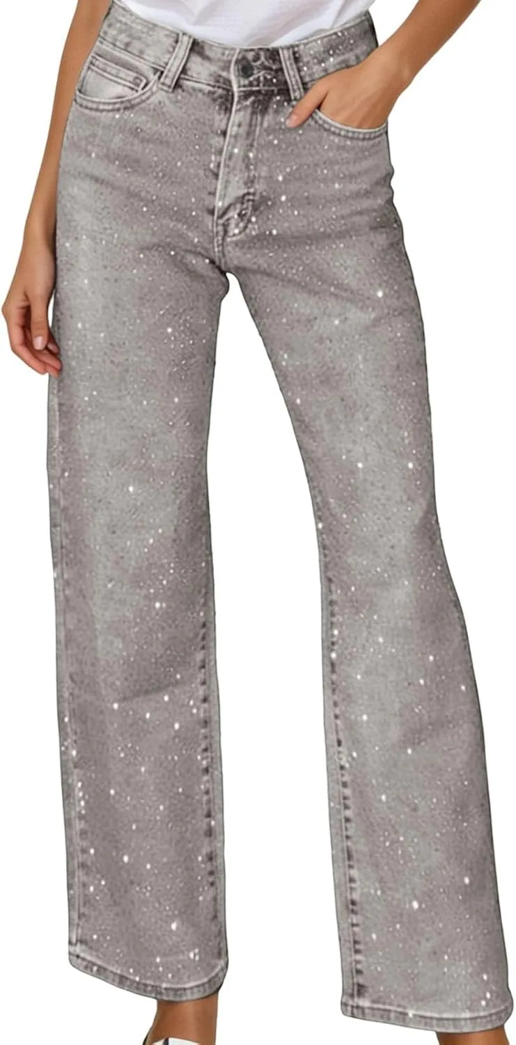 

Джинсы женские зимние с пайетками и стразами, высокие, прямые, широкие WWPPAION