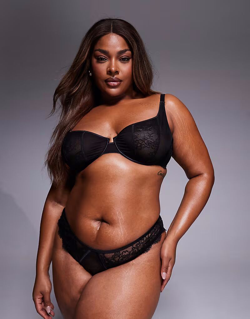 

Бразильские трусики-слипы Curve Amber из кружева и сетки с высоким вырезом по бедру черного цвета Asos Curve