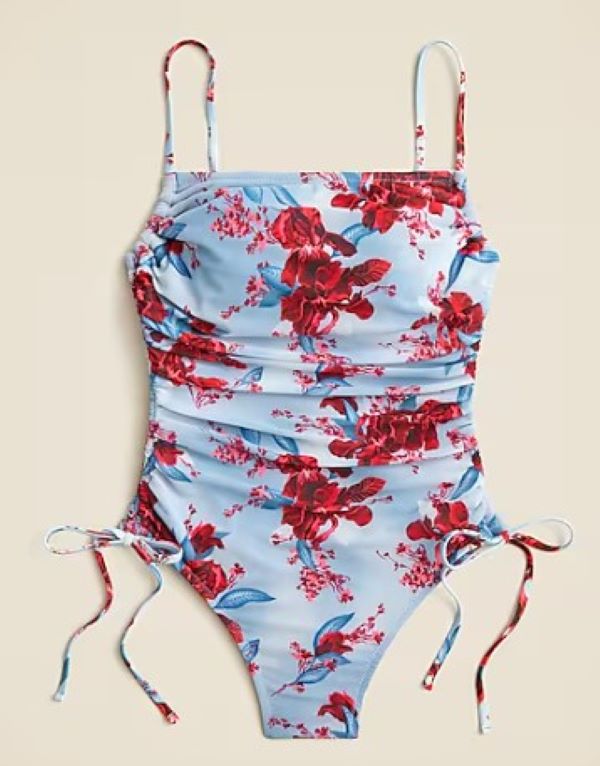 

Слитный купальник с завязками по бокам, сборками и тюлем с цветочным принтом, цвет синий J.Crew