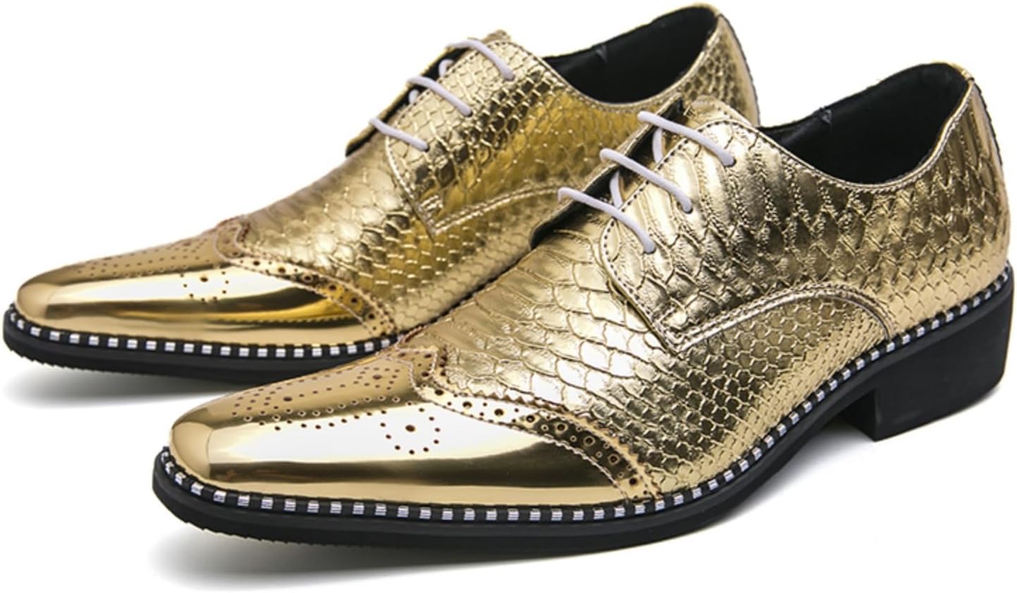 

Мужские золотые металлические оксфорды с заостренным носком, с текстурой под крокодила и декоративной перфорацией, шнурованные кожаные туфли для свадьбы, вечеринки или ночных мероприятий Kelibasi