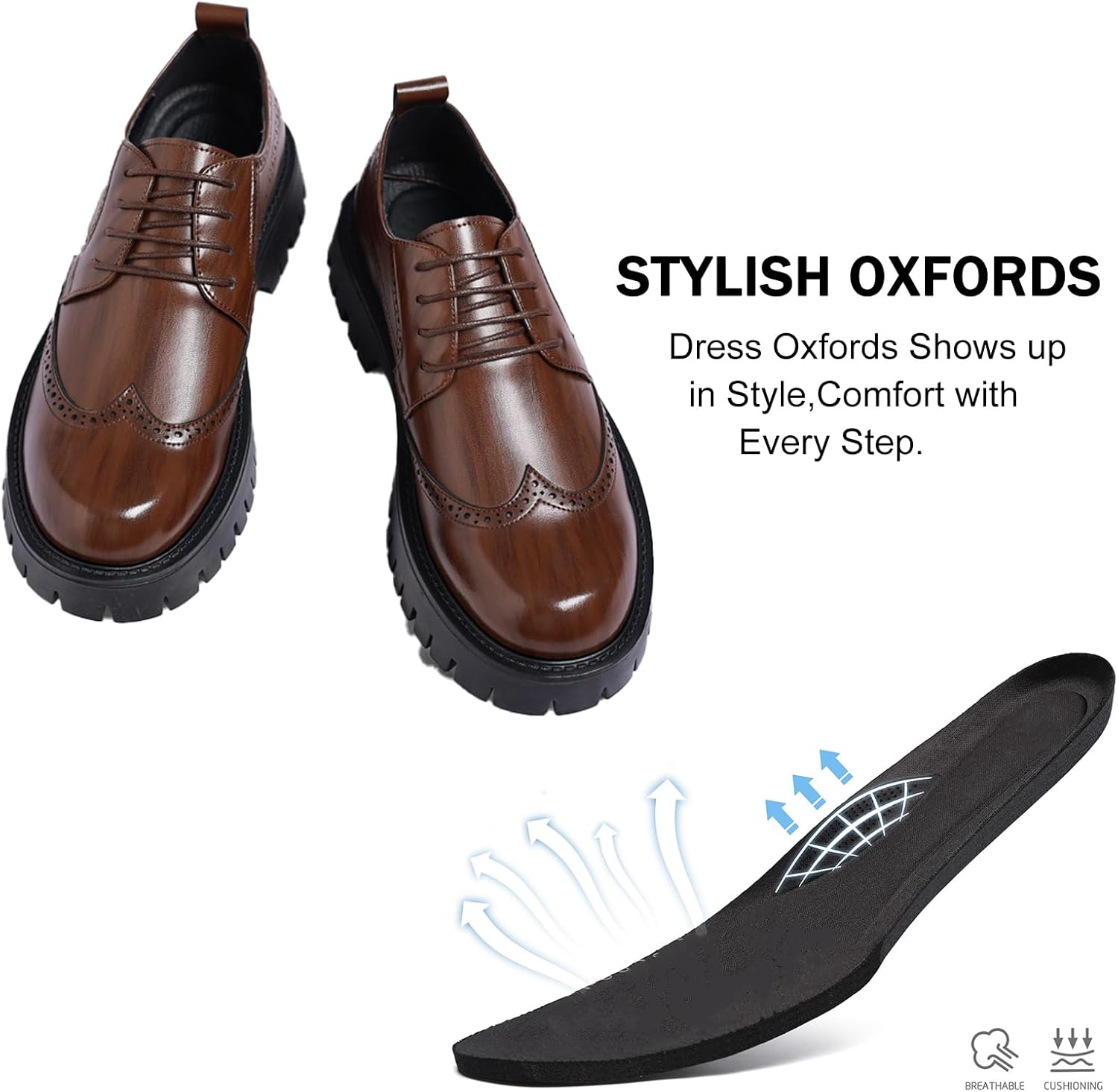 Мужские кожаные туфли на платформе Oxfords, винтажные, с круглым носком, массивной подошвой, повседневные туфли с крылышками, броги, бизнес-туфли для работы и офиса, дерби Xiaoguli, коричневый — фото 4